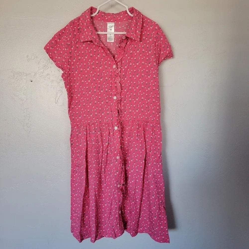 Carter's Kid Girls 10 Pink Dress Dainty Floral Short Sleeve Button Up Collared
